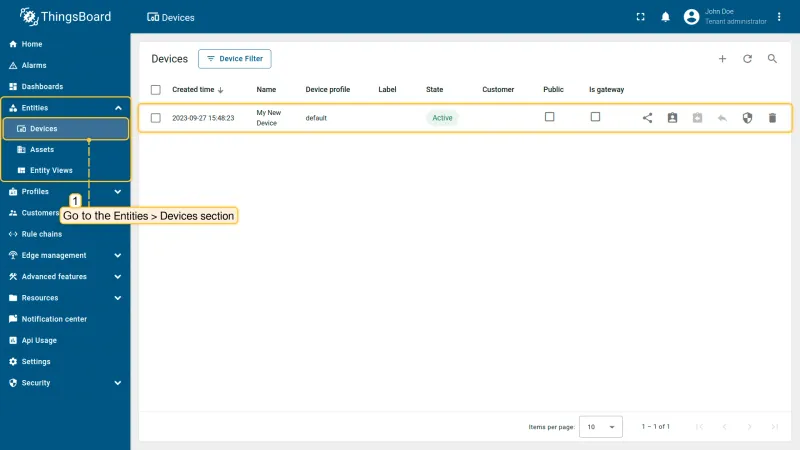 Devices list in ThingsBoard account showing sensor-01 synchronized from Edge