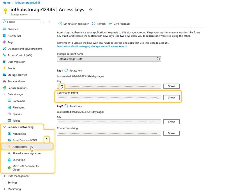 Storage account Access keys page with Access keys selected under Security + networking and the Connection string for key1 highlighted