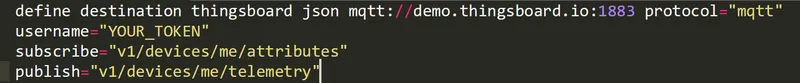 Destination configuration file showing MQTT broker URI and token