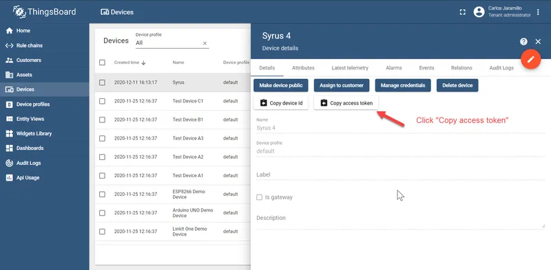 Device details page with Copy access token button