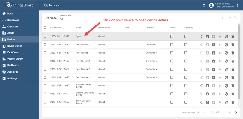 Newly created Syrus device in the device list