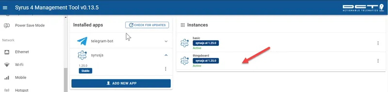 SyrusJS instance selected in Applications Manager