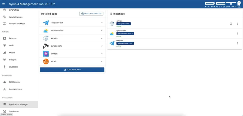 Applications Manager showing SyrusJS at the latest version