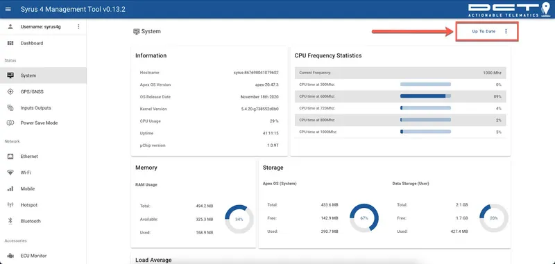Management Tool System page showing Apex OS version