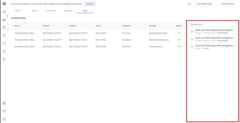 Tasks tab with System Pulse panel highlighted showing recent scan executions with color-coded status indicators