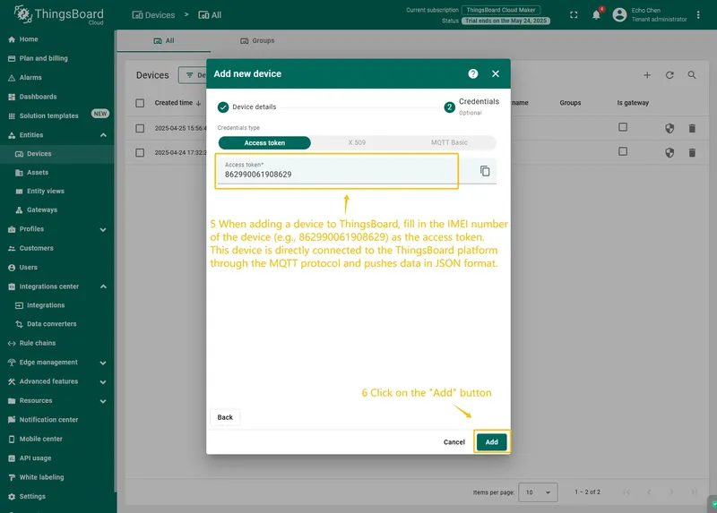 Fill in the device **Access token** and click the **Add** button.