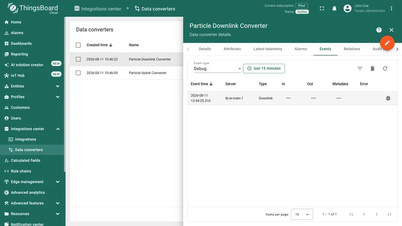 Particle Downlink Converter — Events tab with one Downlink event and In, Out, and Metadata columns