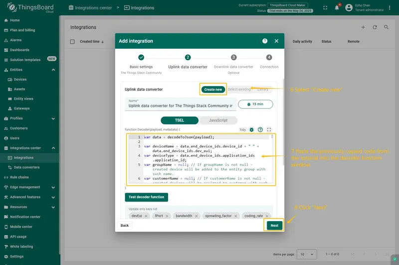 Paste the previously copied script to the Decoder function section. Click "**Next**" button.