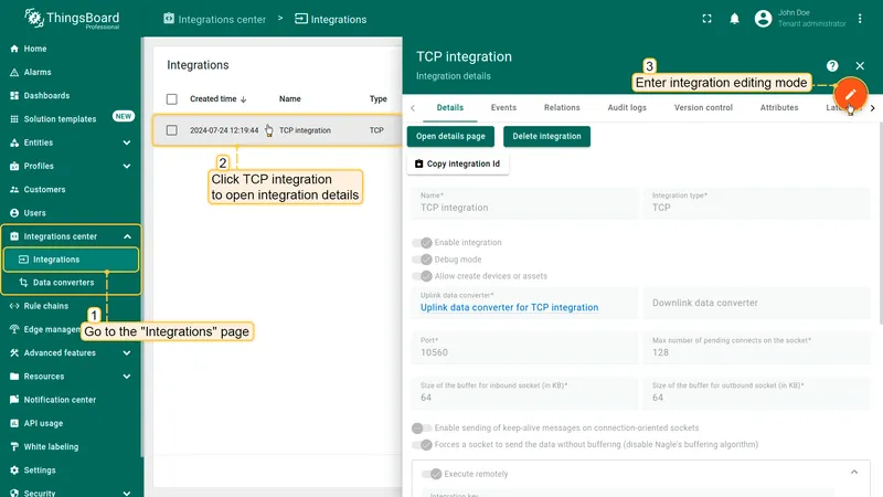 Integrations center → Integrations: TCP integration details panel open, pencil (edit) icon in the top-right corner highlighted
