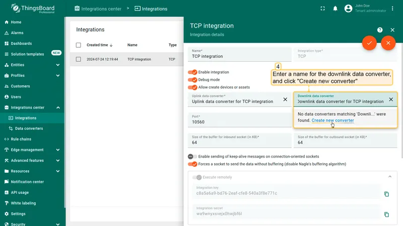 TCP integration in edit mode: Downlink data converter field with name entered and Create new converter button highlighted