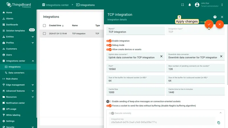 TCP integration in edit mode: both uplink and downlink converters configured, Apply changes button highlighted