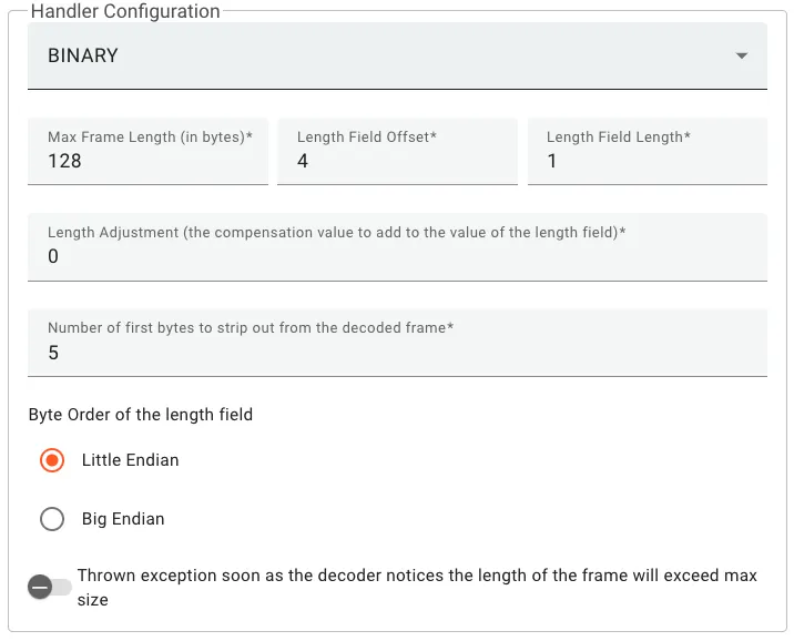 Handler Configuration panel for BINARY: Max Frame Length 128, Length Field Offset 4, Length Field Length 1, Length Adjustment 0, strip 5 bytes, Little Endian