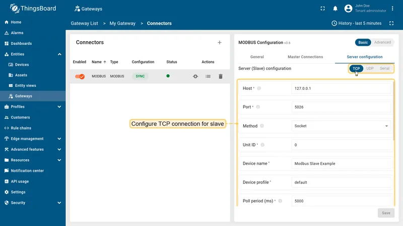 TCP server configuration section