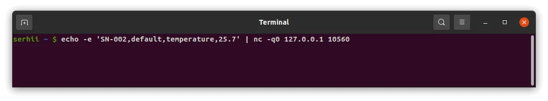 Terminal — single text message sent to the TCP integration; no output indicates successful delivery
