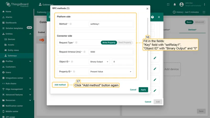 Fill in the "Method" field with "setRelay1", "Object ID" with "Binary Output" and "0". Click "Add method" button