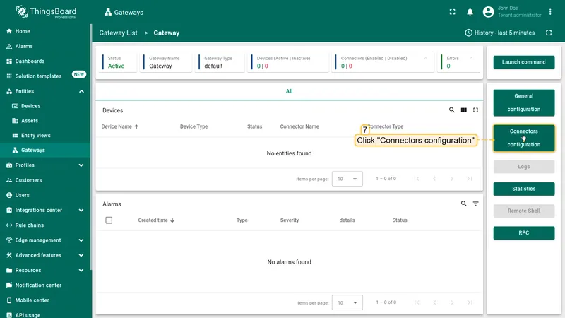 The gateway has been created. Click on the "**Connectors configuration**" button in the sidebar menu