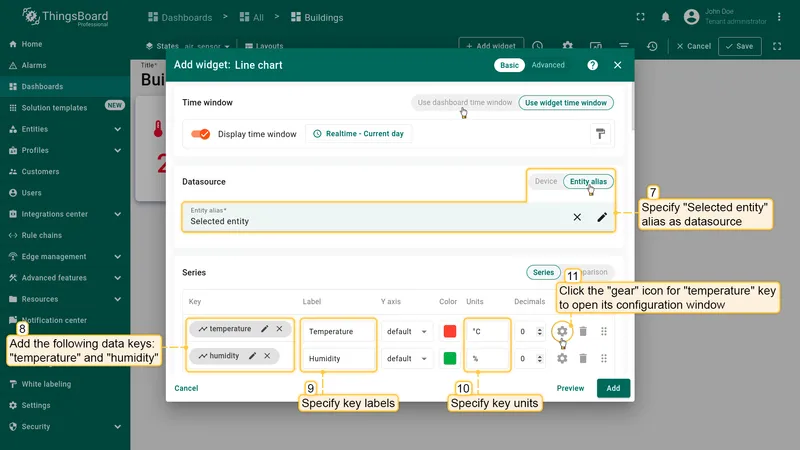 Datasource set to Selected entity with temperature and humidity keys configured