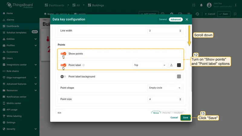 Advanced data key settings with Show points and Point label enabled