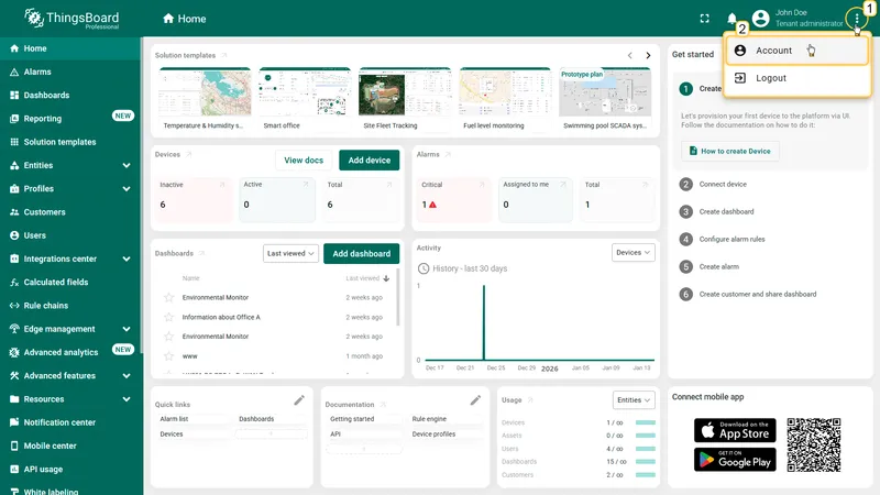 Navigating to account settings in ThingsBoard PE