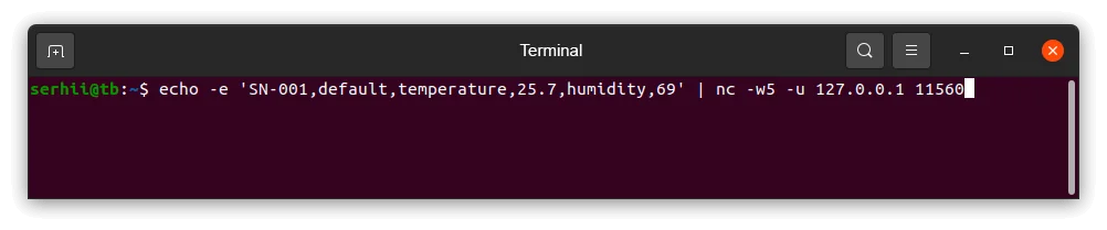 Terminal — text payload sent to UDP integration on port 11560; no output indicates successful delivery