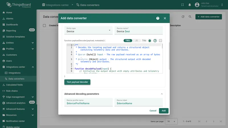 Typed converter editor — Test payload decoder button below the decoder script