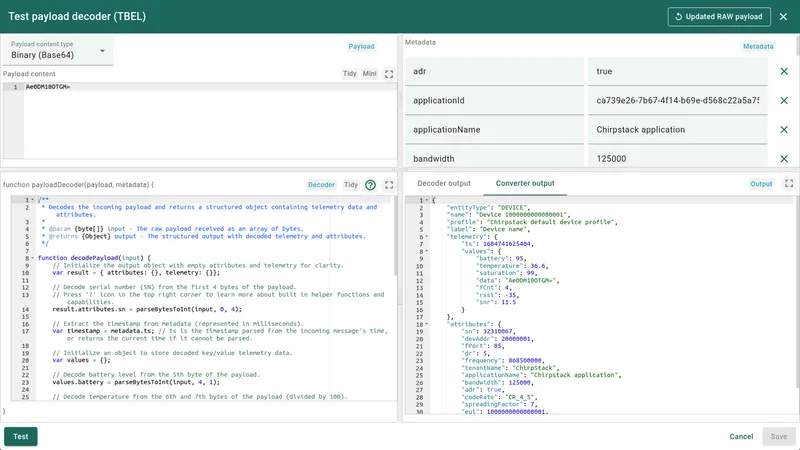 Test payload decoder dialog — Converter output tab active showing entityType, name, type, telemetry array, and attributes