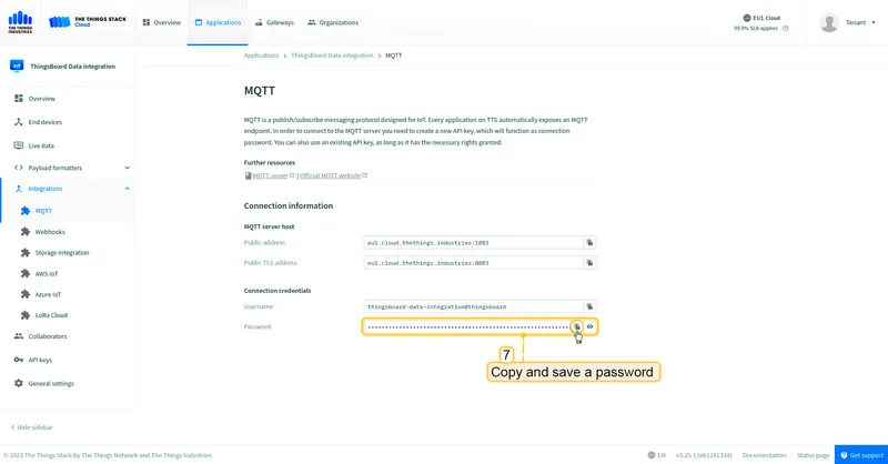 Copy and save the <b>password</b> (API key) (after leaving the page it won't be displayed).
