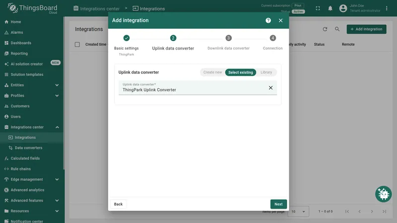Add integration — Uplink data converter step with ThingPark Uplink Converter selected