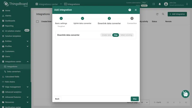 Add integration — Downlink data converter step with Skip button