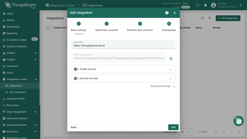 Add integration — Connection step showing HTTP endpoint URL and Add button