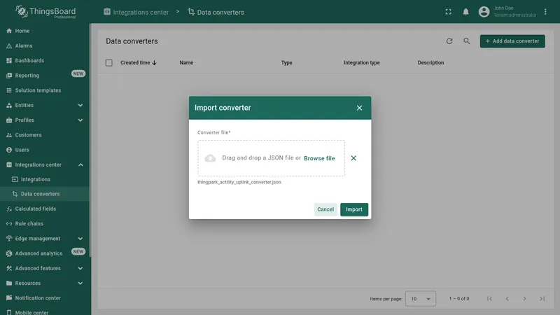 Import converter dialog with uplink converter JSON file