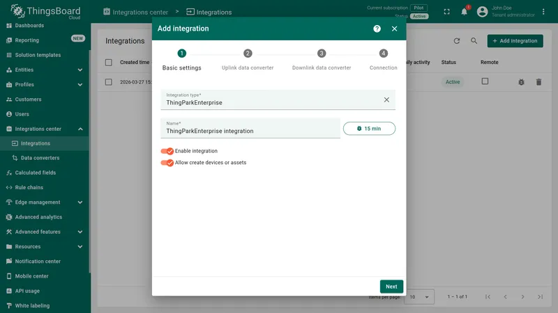 Add integration wizard — Basic settings: Integration type "ThingParkEnterprise", name field, Enable integration and Allow create devices or assets toggles on