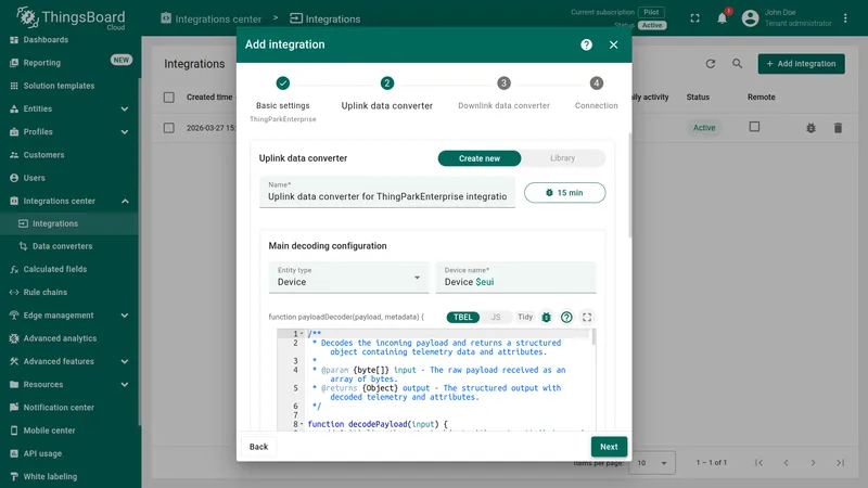 Add integration wizard — Uplink data converter step: Create new tab selected, name pre-filled, TBEL code editor open