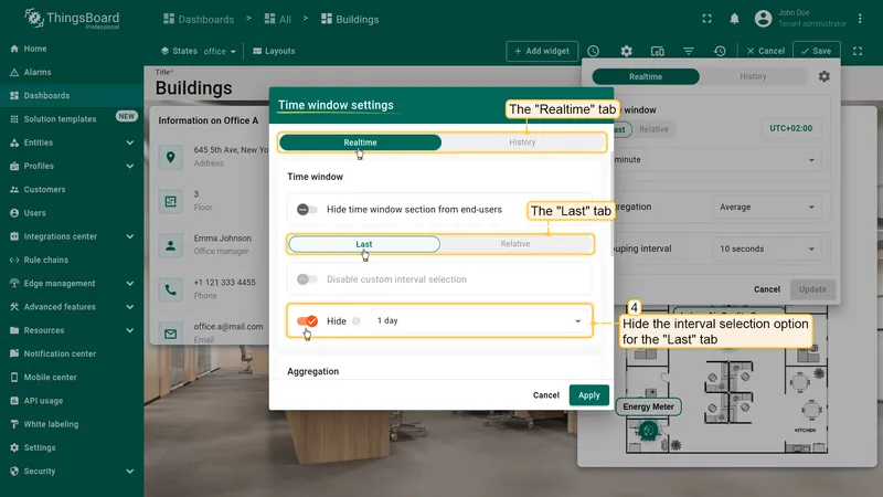 Time window settings dialog with Realtime tab and Last tab selected