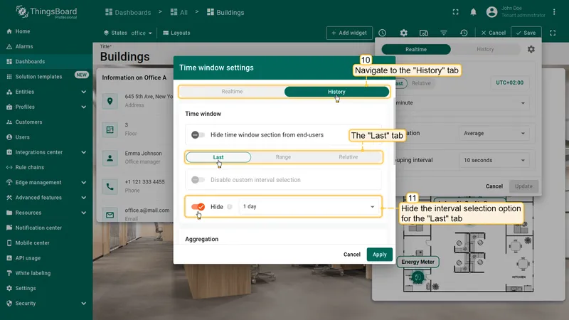Time window settings dialog with History tab and Last tab selected