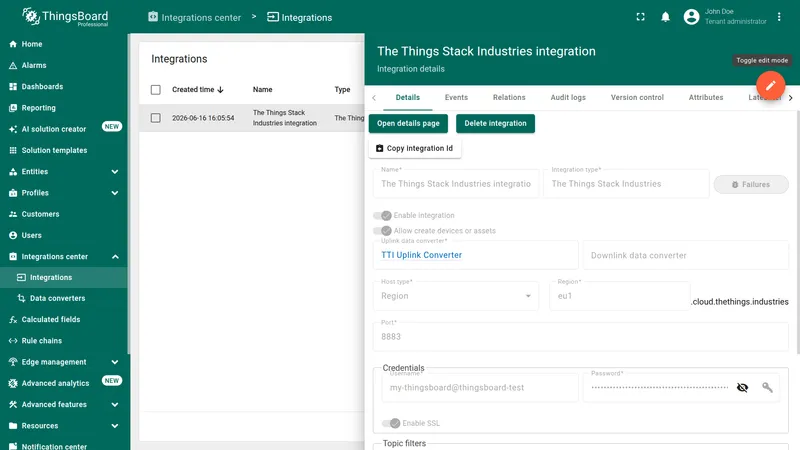The Things Stack Industries integration details page with an empty Downlink data converter field