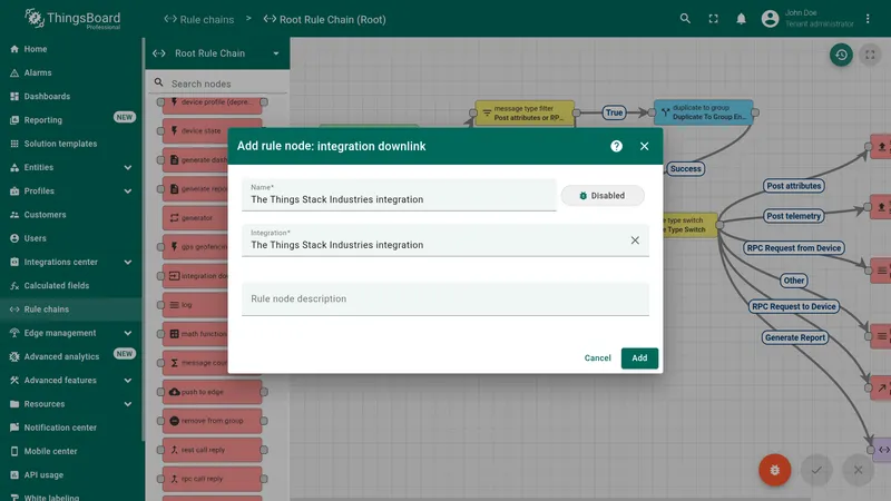 Add rule node dialog — Integration Downlink with Name and Integration fields filled