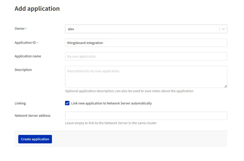 Add application form in The Things Industries console