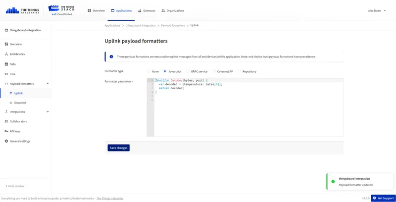 TTI Uplink payload formatters page — Custom Javascript formatter with decoder function saved