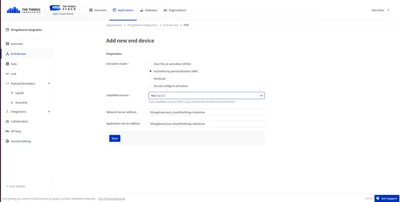 Add new end device — activation mode and LoRaWAN version selection