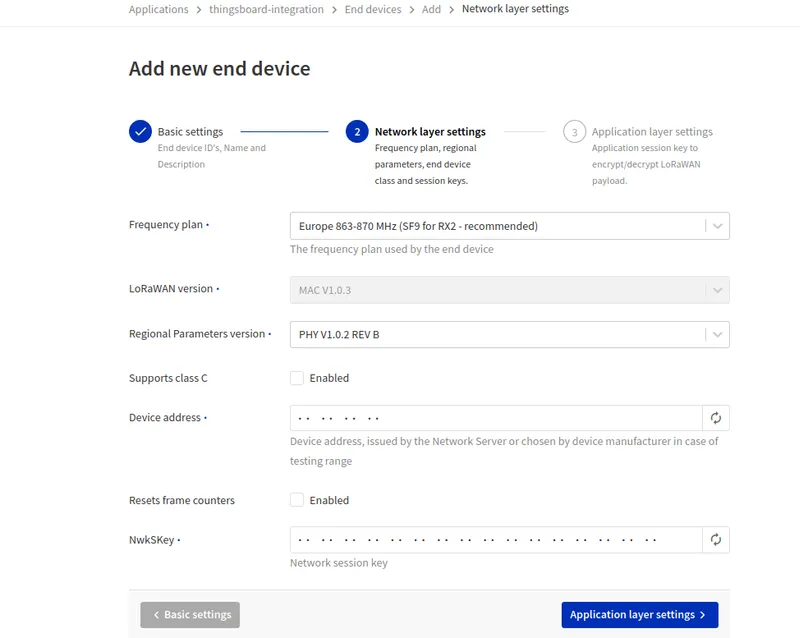 Add new end device — Network layer settings with frequency plan and device address