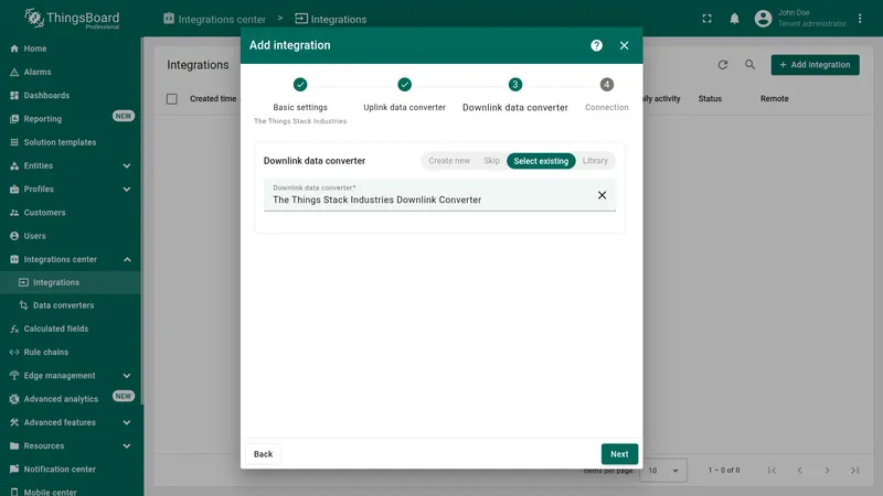 Add integration wizard — Downlink data converter: Select existing tab with TTI Downlink Converter chosen