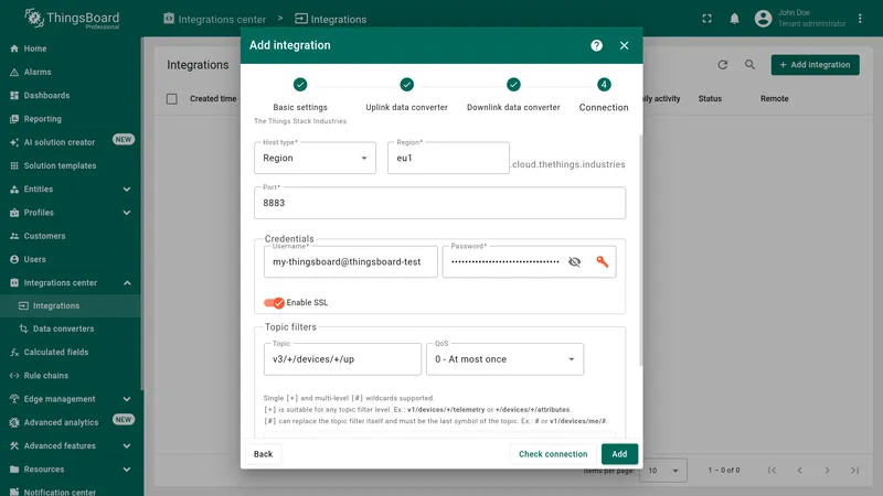 Connection settings for The Things Stack Industries integration