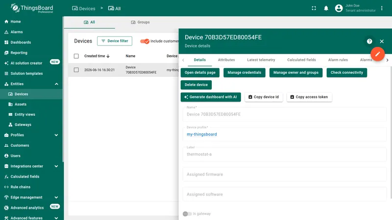 Automatically created device in ThingsBoard after the first TTI uplink message is processed
