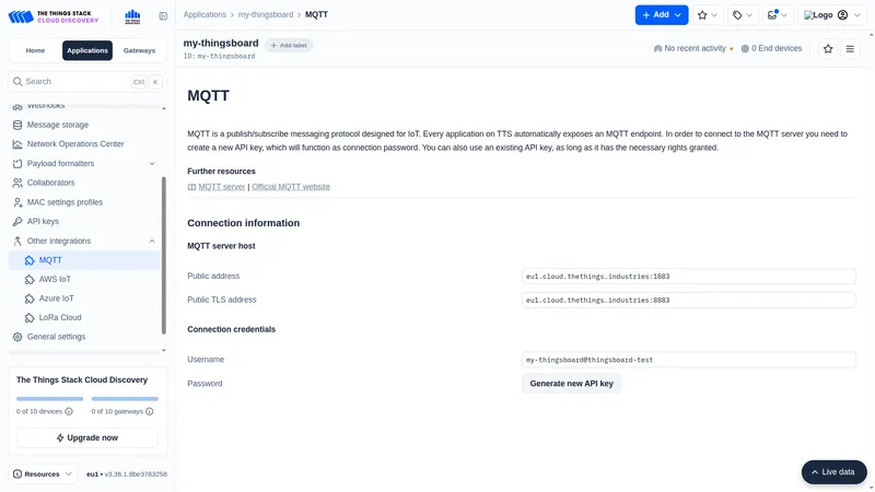 The Things Industries Cloud Discovery MQTT integration page showing MQTT server host information and the Generate new API key button