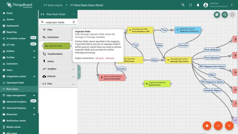 Searching for originator fields node in the Root Rule Chain node panel