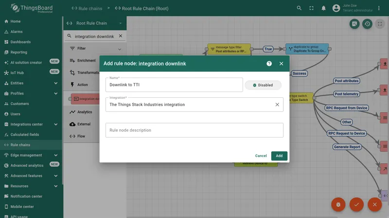 Configuring the integration downlink rule node with name Downlink to TTI and The Things Stack Industries integration selected