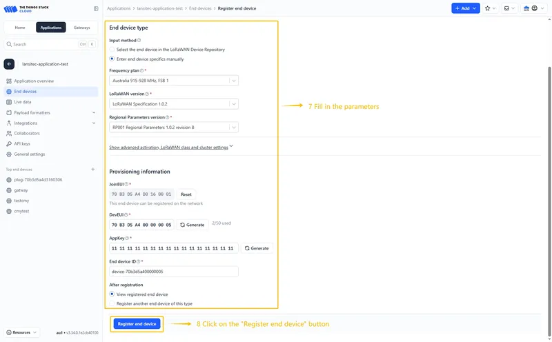 Fill the rest parameters and press **Register end device** button.