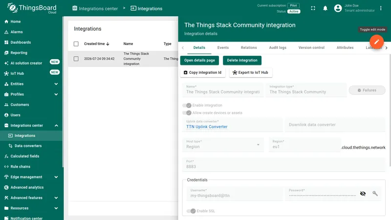 The Things Stack Community integration details page with no downlink data converter configured