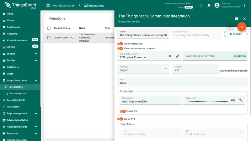 The Things Stack Community integration in edit mode with the Create new button for the Downlink data converter